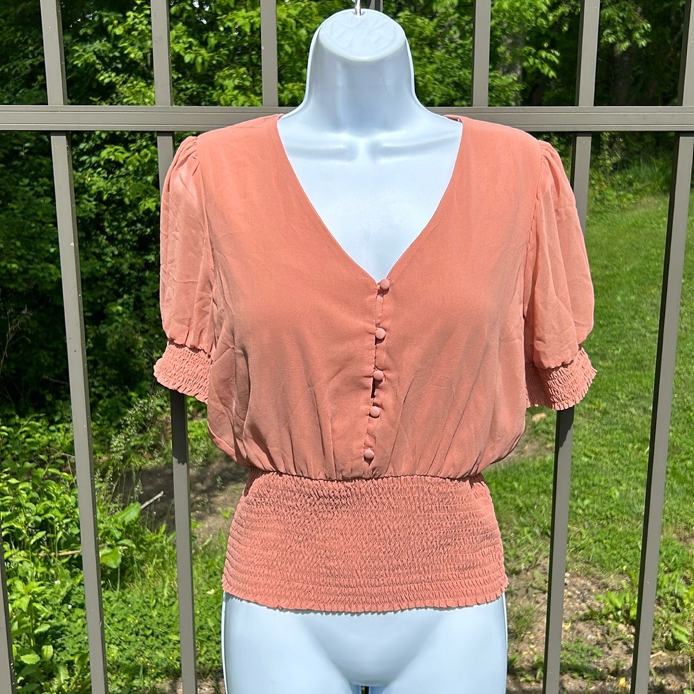 OLM Smocked Button Front Rose/Coral Blouse Size Medium